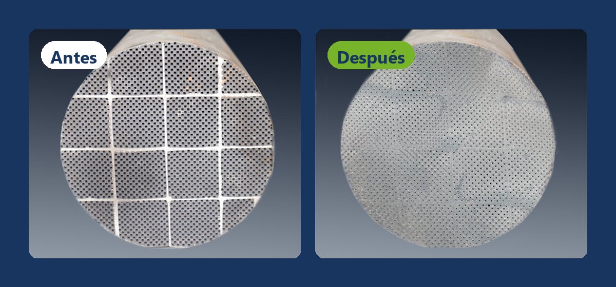Filtro de partículas obstruido por hollín antes de la limpieza y limpio después