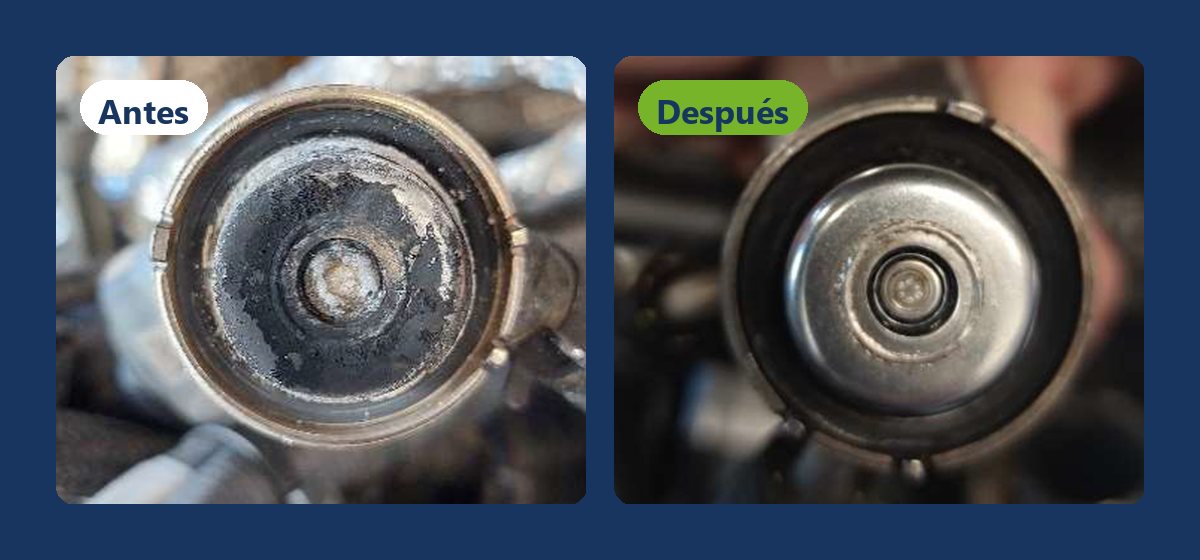 Inyector dosificador de AdBlue con cristales de urea antes de la limpieza y limpio después