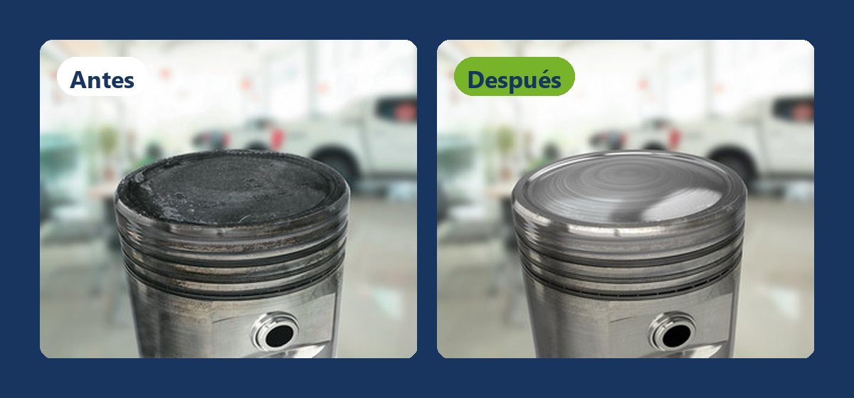 Pistón con carbonilla en la cabeza antes de la limpieza y limpio después